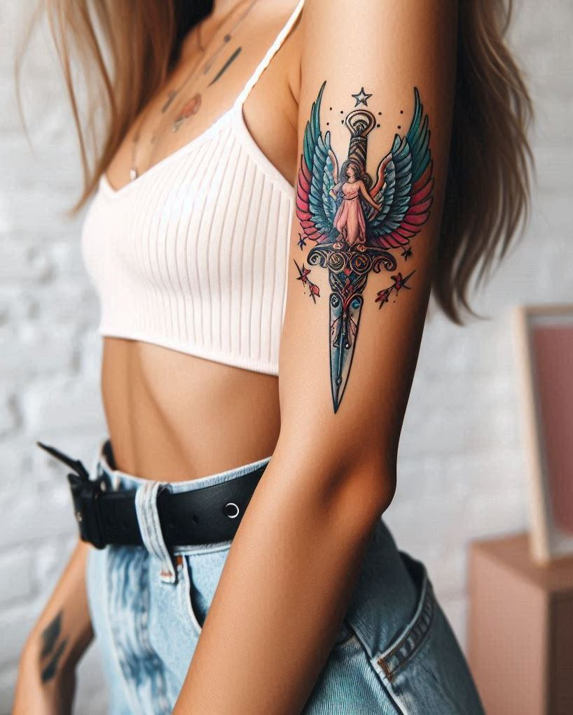 Angel Tattoos: Heavenly Inspiration for Your Next Ink | Pocoko Guardian of Peace: Angel with Sheathed Sword Tattoo: Showcase a protector of serenity with a beautiful angel carrying a sheathed sword on your arm. The flowing wings symbolize watchful guardianship, while the sheathed weapon represents inner strength, maintaining peace, and the potential for fierce action when necessary.