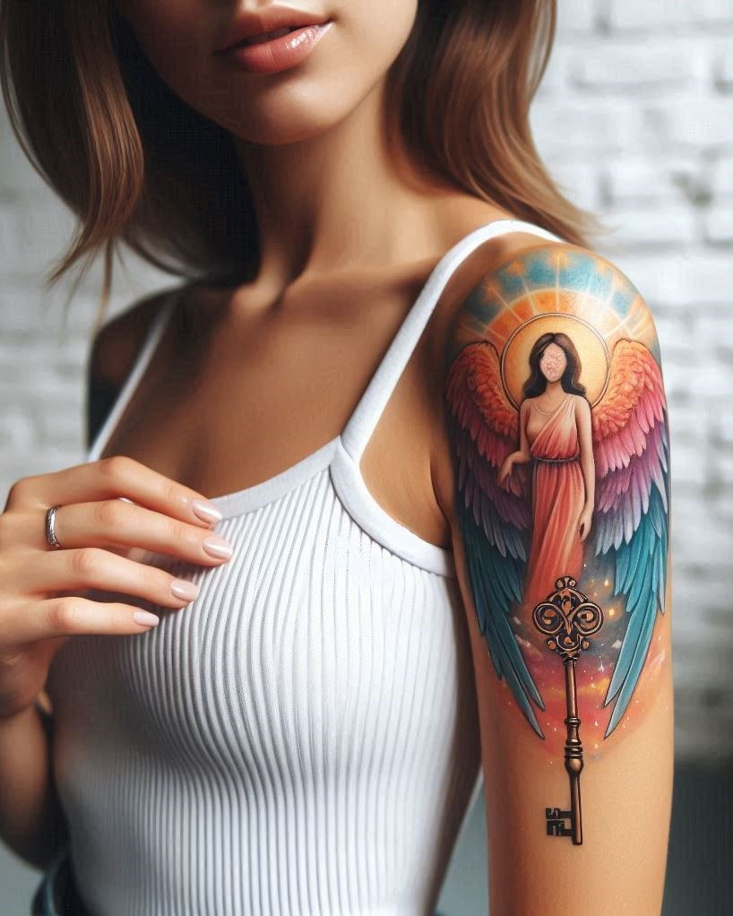 Angel Tattoos: Heavenly Inspiration for Your Next Ink | Pocoko Unlocking Potential: Angel with a Glowing Key Tattoo: Embrace the power within you with a breathtaking tattoo of a majestic angel holding a glowing key on your arm. The detailed wings symbolize a celestial guide, while the radiant key represents unlocking your hidden potential, divine purpose, and the limitless possibilities that lie ahead.