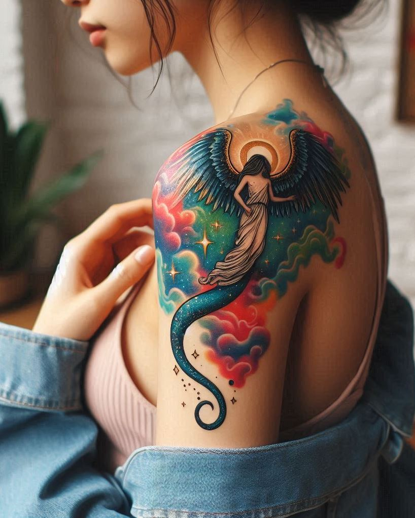 Angel Tattoos: Heavenly Inspiration for Your Next Ink | Pocoko Unveiling the Mysteries: Angel & Serpent Intertwined Tattoo: Explore the hidden depths with a curious angel gazing at an entwined serpent on your arm. The detailed feathers and intertwined forms symbolize the pursuit of knowledge, unraveling hidden truths, and the duality of nature - light and dark coexisting.