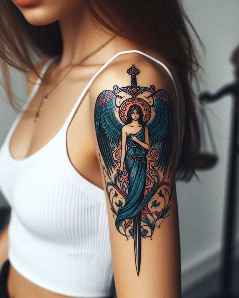 Angel Tattoos: Heavenly Inspiration for Your Next Ink | Pocoko Balance & Transformation: Angel with Two Swords Tattoo: Embrace the duality of nature with a captivating angel holding two swords, one light and one dark, on your arm. The detailed wings symbolize the angel's guidance, while the contrasting blades represent the balance between light and dark, the potential for transformation, and the ability to choose between good and evil.