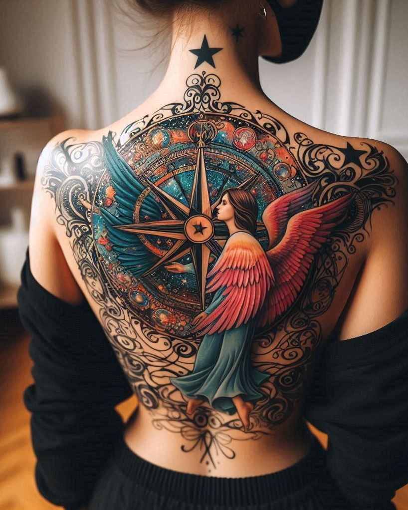 Angel Tattoos: Heavenly Inspiration for Your Next Ink | Pocoko Whispers of Destiny: Angel with a Glowing Compass Tattoo: Capture the mystery of your path with a beautiful angel holding a compass emanating a soft glow on your arm. The flowing wings symbolize faith, while the luminous compass represents the unknown future unfolding with divine guidance.