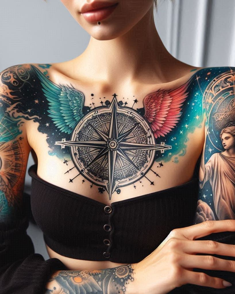 Angel Tattoos: Heavenly Inspiration for Your Next Ink | Pocoko Celestial Navigator: Angel Wings Guiding Your Path (Compass Tattoo): Embrace the feeling of being divinely guided with a majestic angel wing tattoo incorporating a detailed compass on your arm. The flowing feathers represent a connection to the heavens, while the compass symbolizes receiving direction from a higher power, navigating life's challenges, and always finding your way back home.