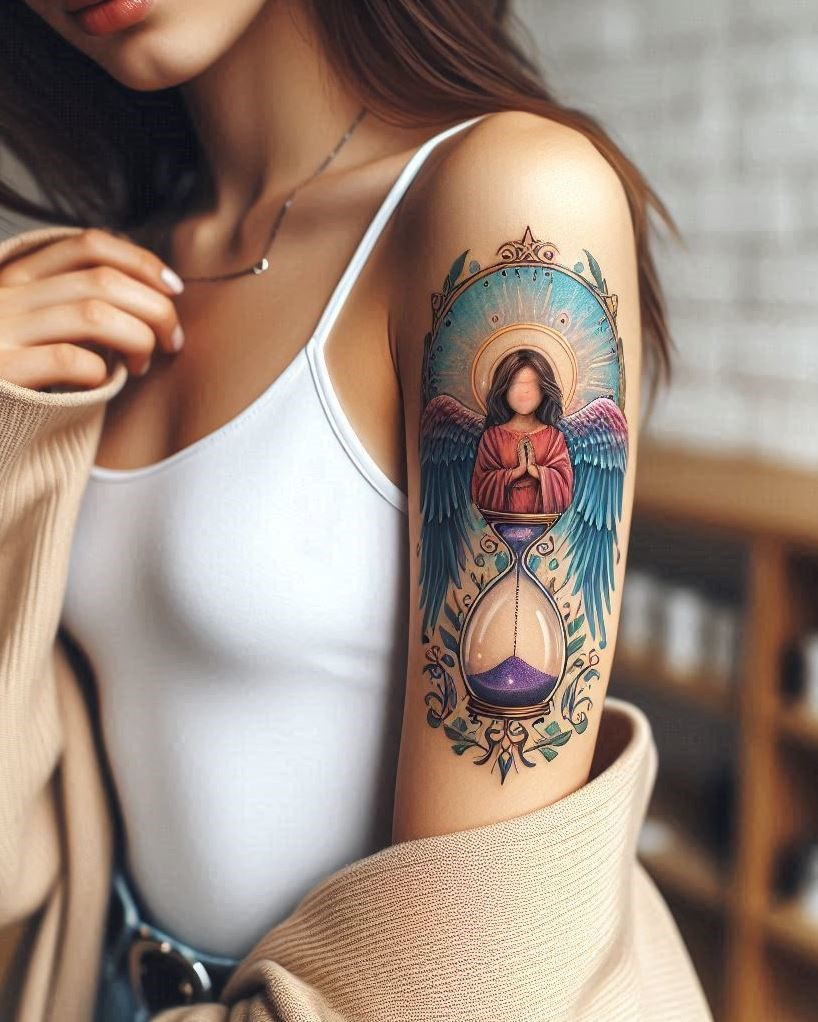 Angel Tattoos: Heavenly Inspiration for Your Next Ink | Pocoko Capture the essence of time and mortality with a thought-provoking tattoo of a beautiful angel holding an hourglass on your arm. The detailed wings symbolize a connection to the divine and the passage of time, while the hourglass represents the preciousness of each moment and the reminder to cherish the fleeting nature of life. This design embodies the angel as a guardian reminding you to make the most of your time on earth.
