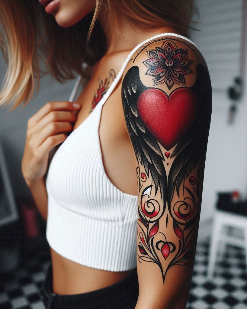 Angel Tattoos: Heavenly Inspiration for Your Next Ink | Pocoko Duality's Embrace: Black Wings & Crimson Heart for Balance: Black angel wings and a vibrant red heart tattooed on the arm represent the delicate balance between darkness and light, passion and peace. This design symbolizes owning your complexities and embracing your full self.