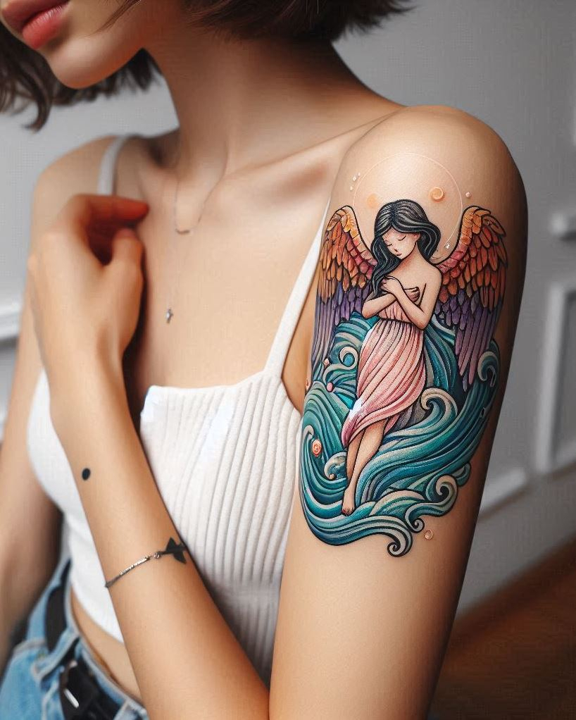 Angel Tattoos: Heavenly Inspiration for Your Next Ink | Pocoko Celestial Navigator: Angel Guiding Over Waves Tattoo: Capture the essence of hope and direction with a beautiful angel soaring above crashing waves on your arm. The detailed feathers symbolize divine guidance, while the powerful waves represent life's challenges. This design embodies the angel's role in navigating you through stormy seas towards calmer waters.