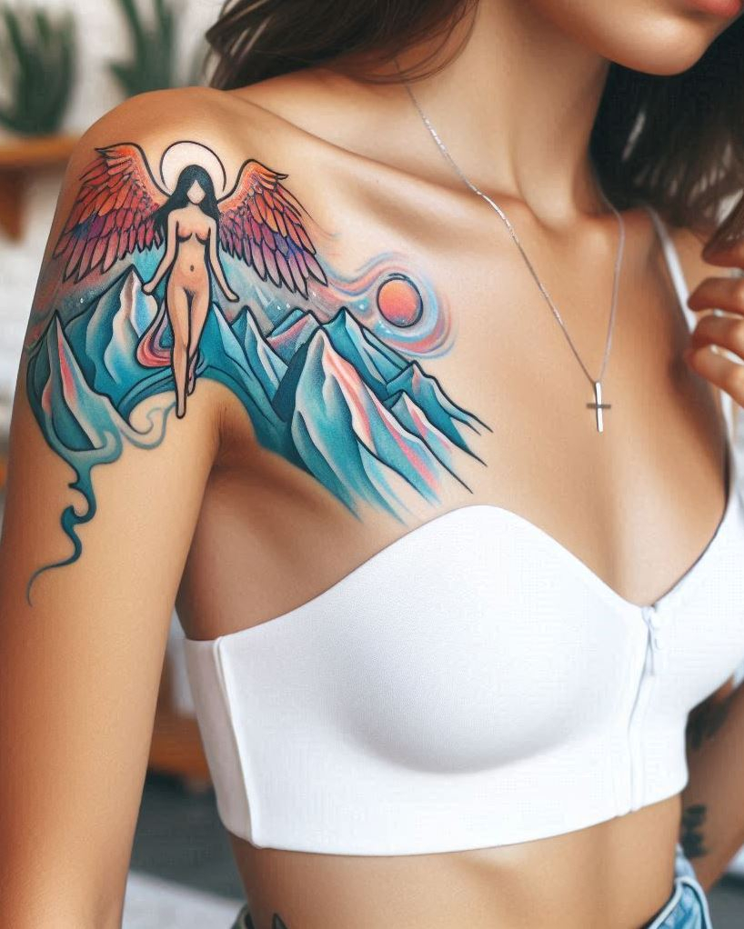 Angel Tattoos: Heavenly Inspiration for Your Next Ink | Pocoko Protector of the Valley: Angel Tattoo with Lush Green Mountains: Express your nurturing spirit with a benevolent angel watching over a serene valley on your arm. The flowing feathers and peaceful landscape symbolize love, protection, and the guardian spirit that watches over those you care about.
