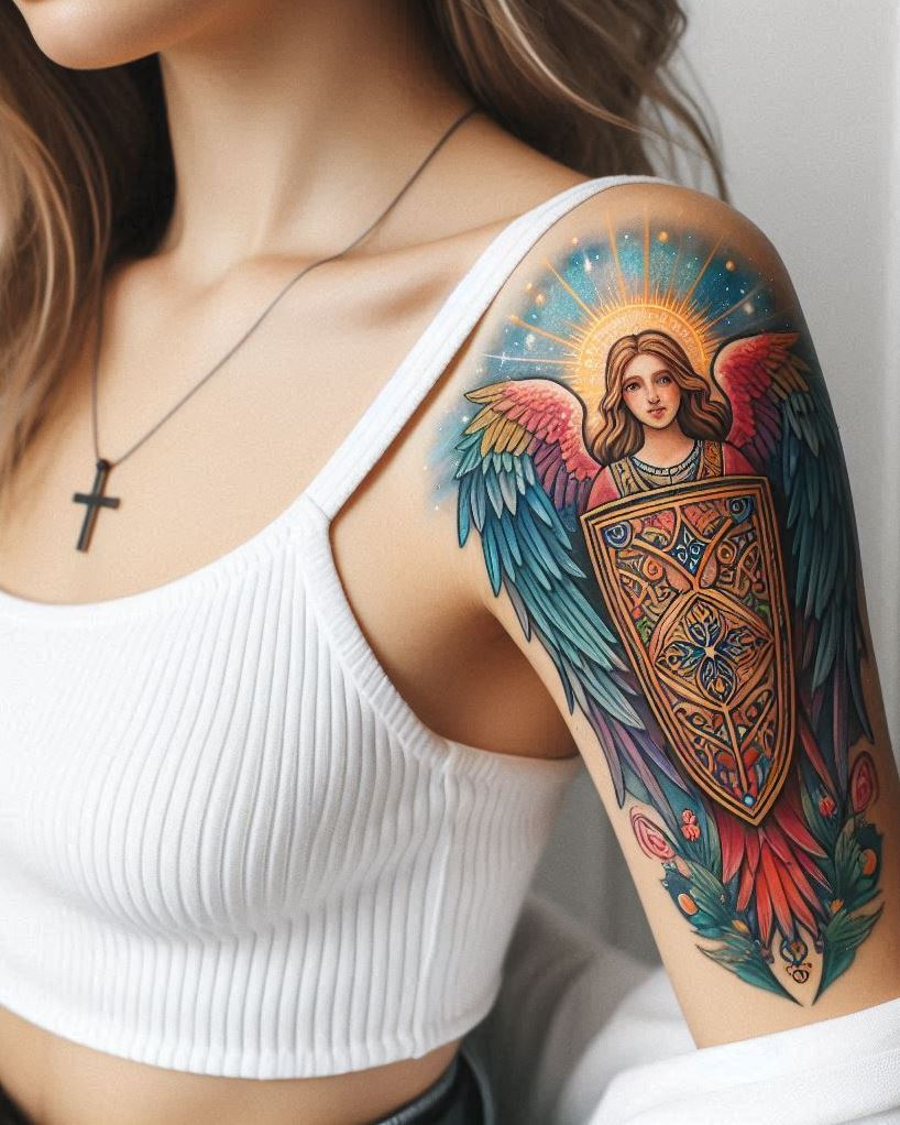 Angel Tattoos: Heavenly Inspiration for Your Next Ink | Pocoko Divine Protector: Beautiful Angel with Shield Tattoo Embrace your inner strength and unwavering faith with a stunning tattoo of a beautiful angel wielding a gleaming shield. The detailed wings symbolize freedom and spiritual connection, while the mighty shield represents protection from harm, courage in the face of adversity, and the will to defend what you believe in.