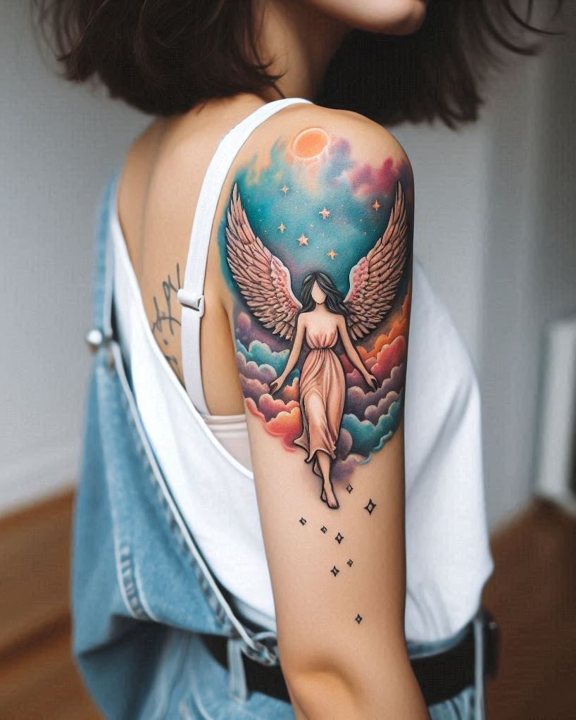 Angel Tattoos: Heavenly Inspiration for Your Next Ink | Pocoko Reaching for the Stars: Angel Tattoo with Milky Way Galaxy: Embrace the vastness of the universe with a majestic angel soaring through a starry galaxy on your arm. The detailed feathers and celestial backdrop symbolize limitless potential, chasing dreams beyond the clouds, and the connection to something larger than ourselves.