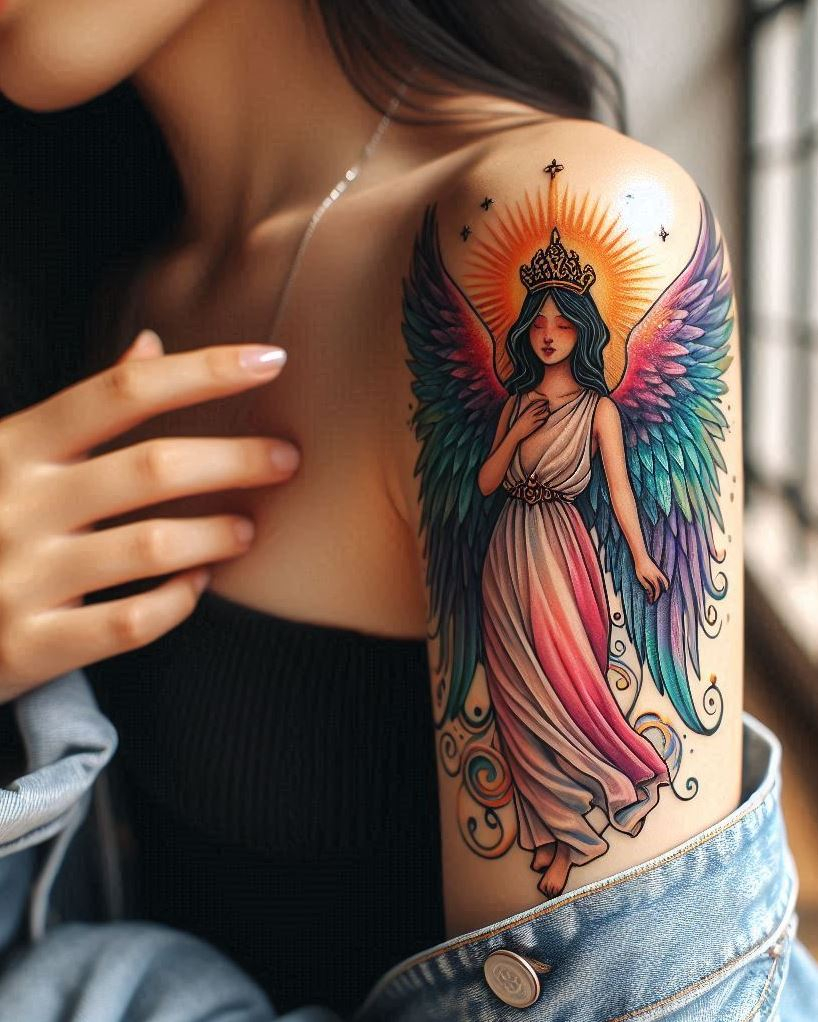 Angel Tattoos: Heavenly Inspiration for Your Next Ink | Pocoko Embrace your inner strength and divine connection with a breathtaking tattoo of a beautiful angel adorned with a crown. The detailed wings symbolize freedom and spiritual connection, while the crown represents heavenly authority, righteousness, and the potential for great things.