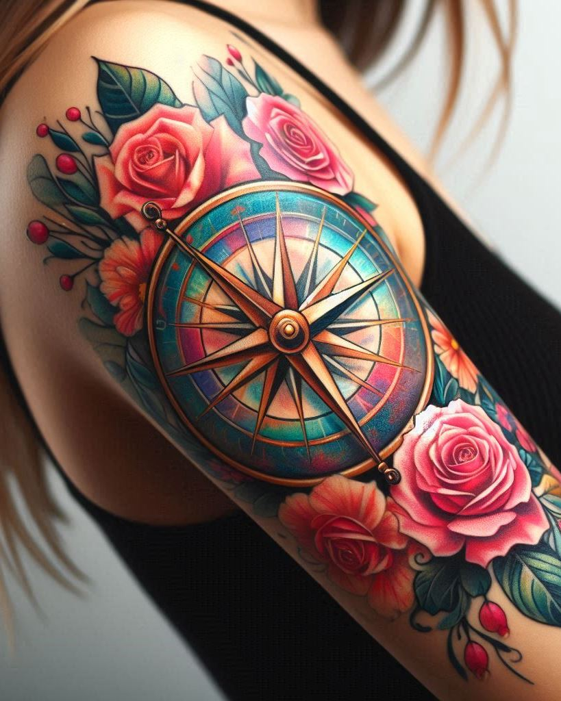 Showcase your adventurous side with a compass tattoo on your arm. It’s a meaningful design that represents finding your way and exploring new paths.