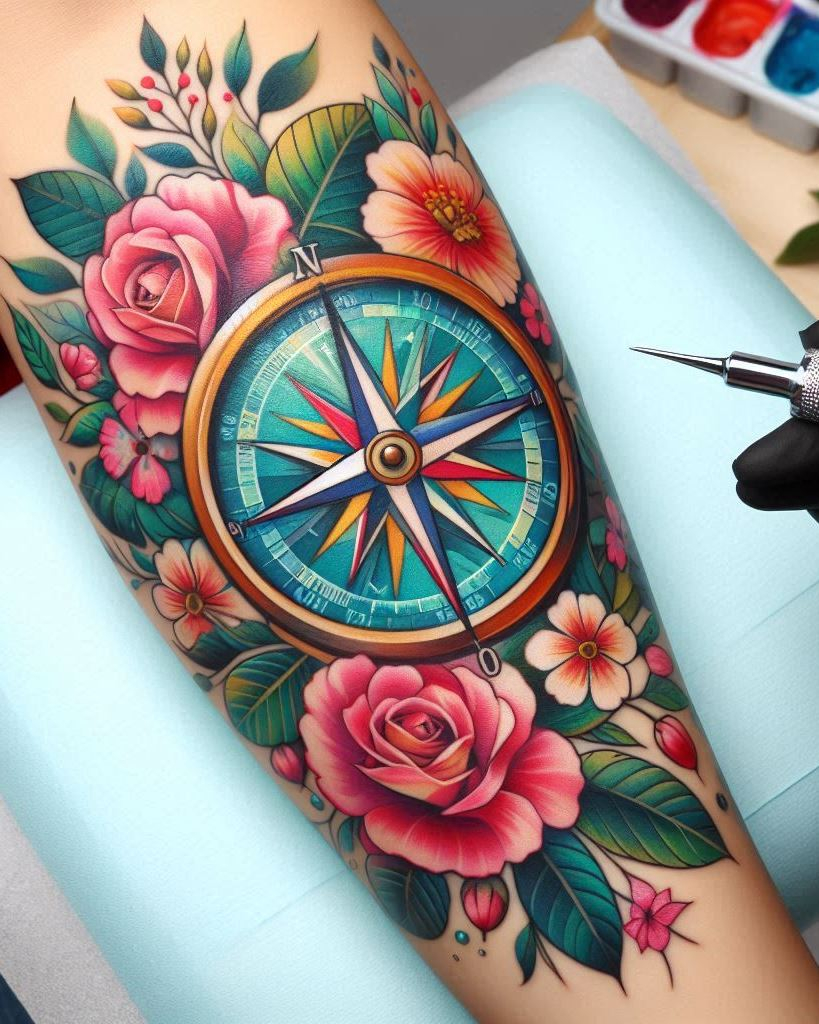 Carry a symbol of guidance and exploration with a compass tattoo on your arm. It's a timeless design that reflects your love for discovering new directions in life.