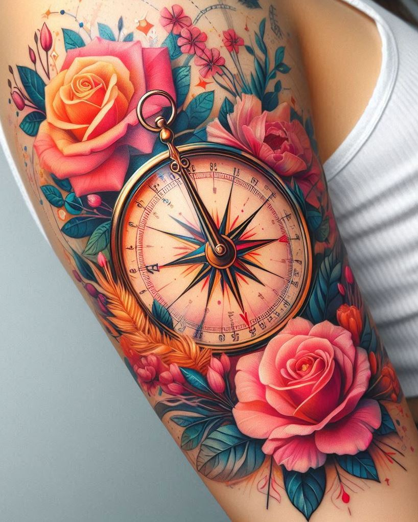 Find your direction with a detailed compass tattoo on your arm. Ideal for travelers and dreamers who always seek new adventures and opportunities.