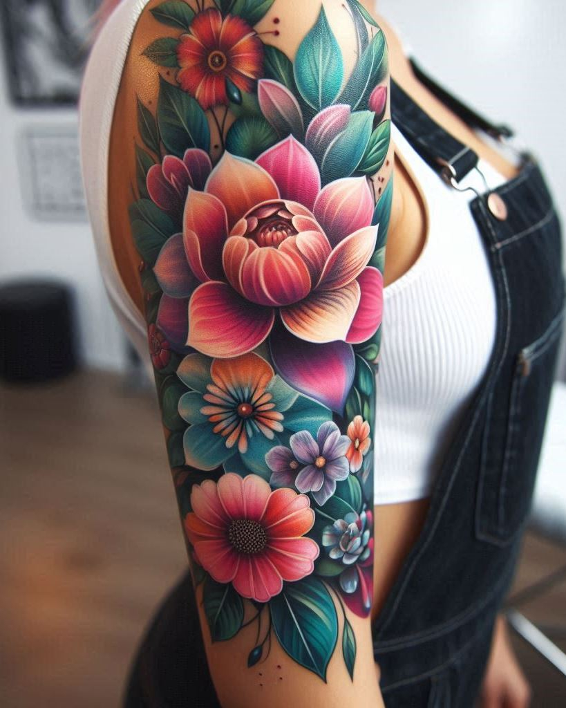 Add a touch of elegance to your arm with a floral feminine tattoo. Each bloom represents a unique aspect of your personality, creating a beautiful and meaningful piece of art.