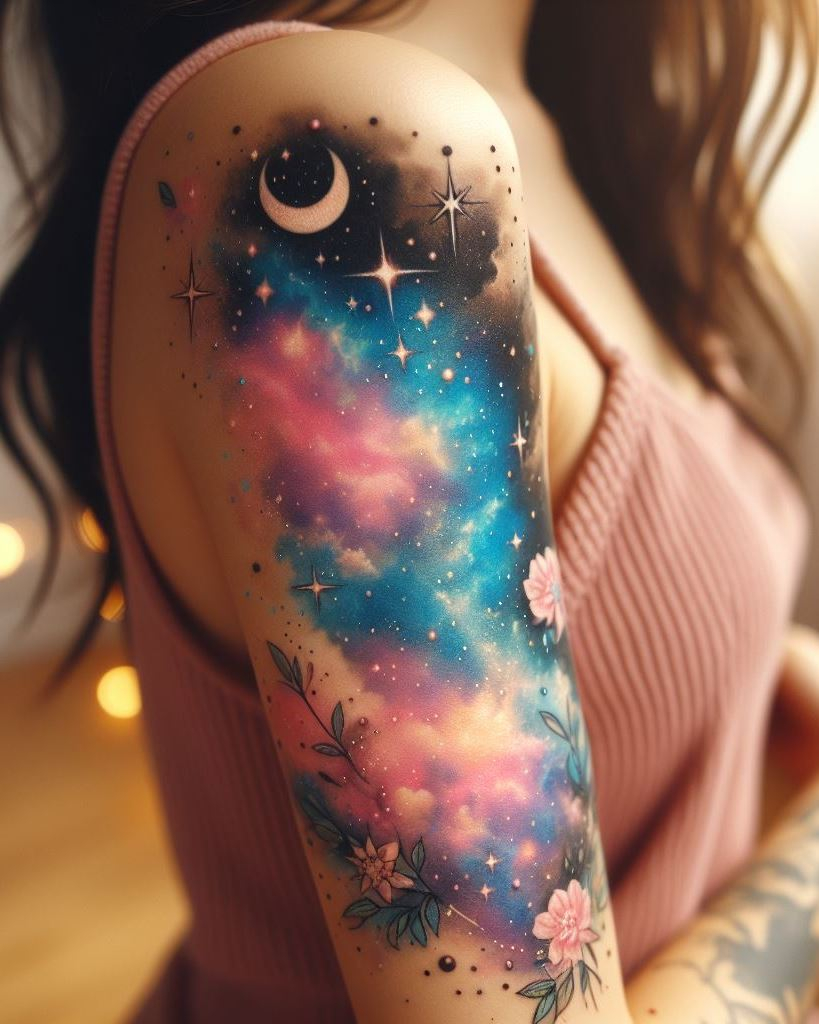 Galaxy tattoos on the arms offer a spectacular way to showcase your love for the stars and the universe. Each design is a unique blend of color and cosmic wonder.