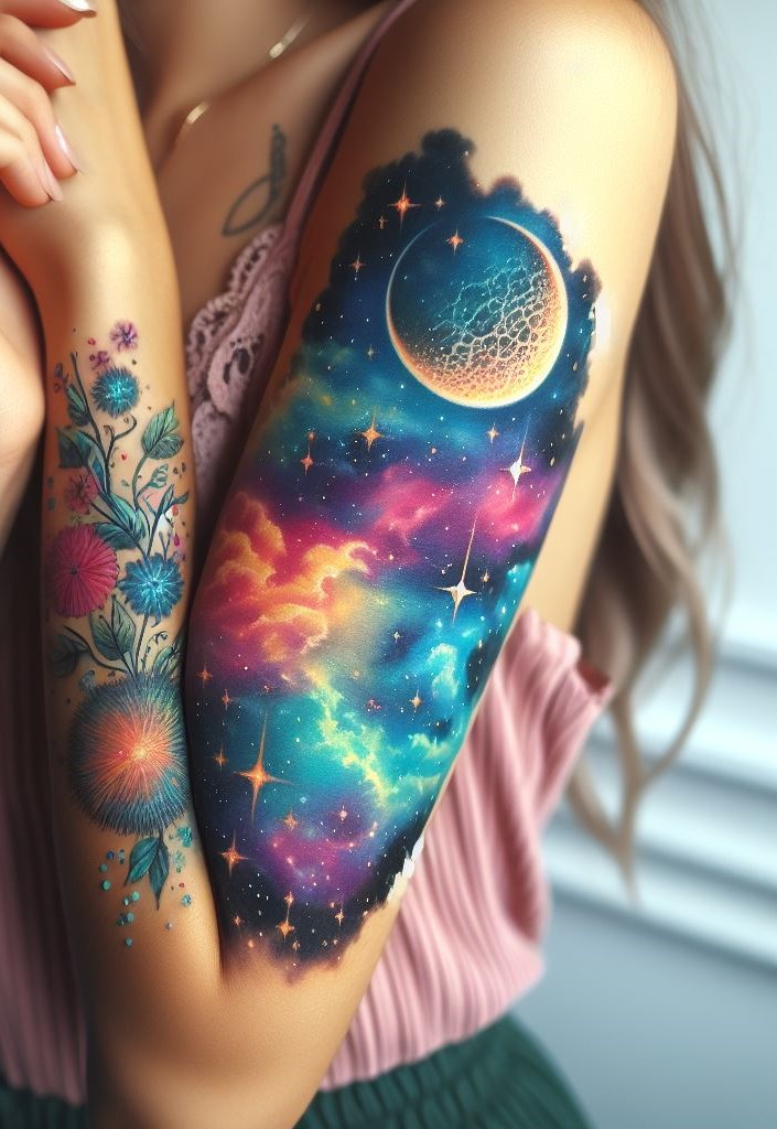 Carry a piece of the universe with you by getting a galaxy tattoo on your arm. These enchanting designs are perfect for those who are inspired by the night sky and beyond.
