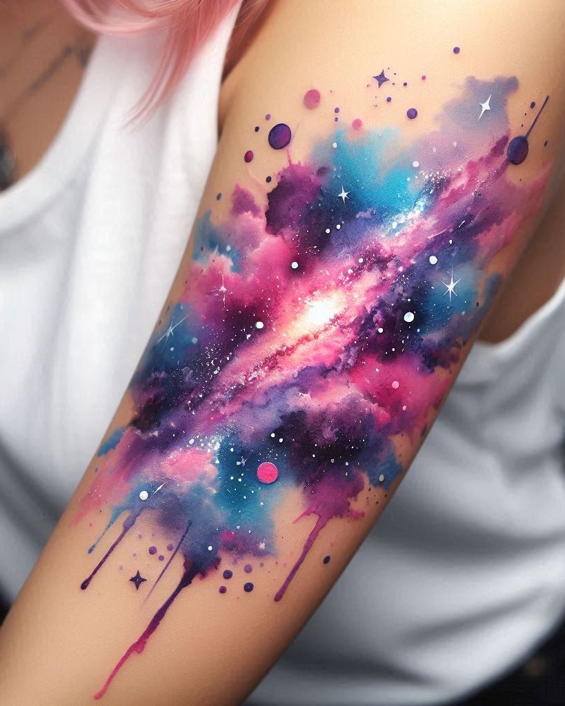 Celebrate the wonders of the cosmos with a galaxy tattoo on your arm. These beautiful designs blend vibrant colors and cosmic elements to create a truly unique piece of art.