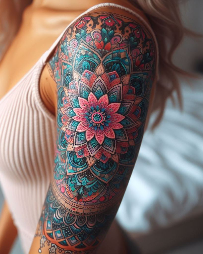 Discover the spiritual elegance of mandala art tattoos on your arms. Each detailed design represents unity and completeness, making it a perfect choice for meaningful body art.