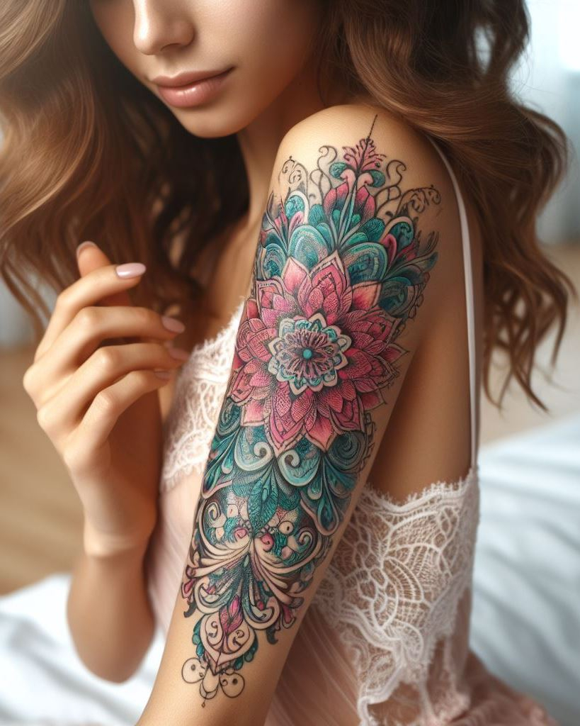 Mandala art tattoos on the arms offer a mesmerizing blend of intricate patterns and deep symbolism. Ideal for those seeking a visually stunning and spiritually significant tattoo.