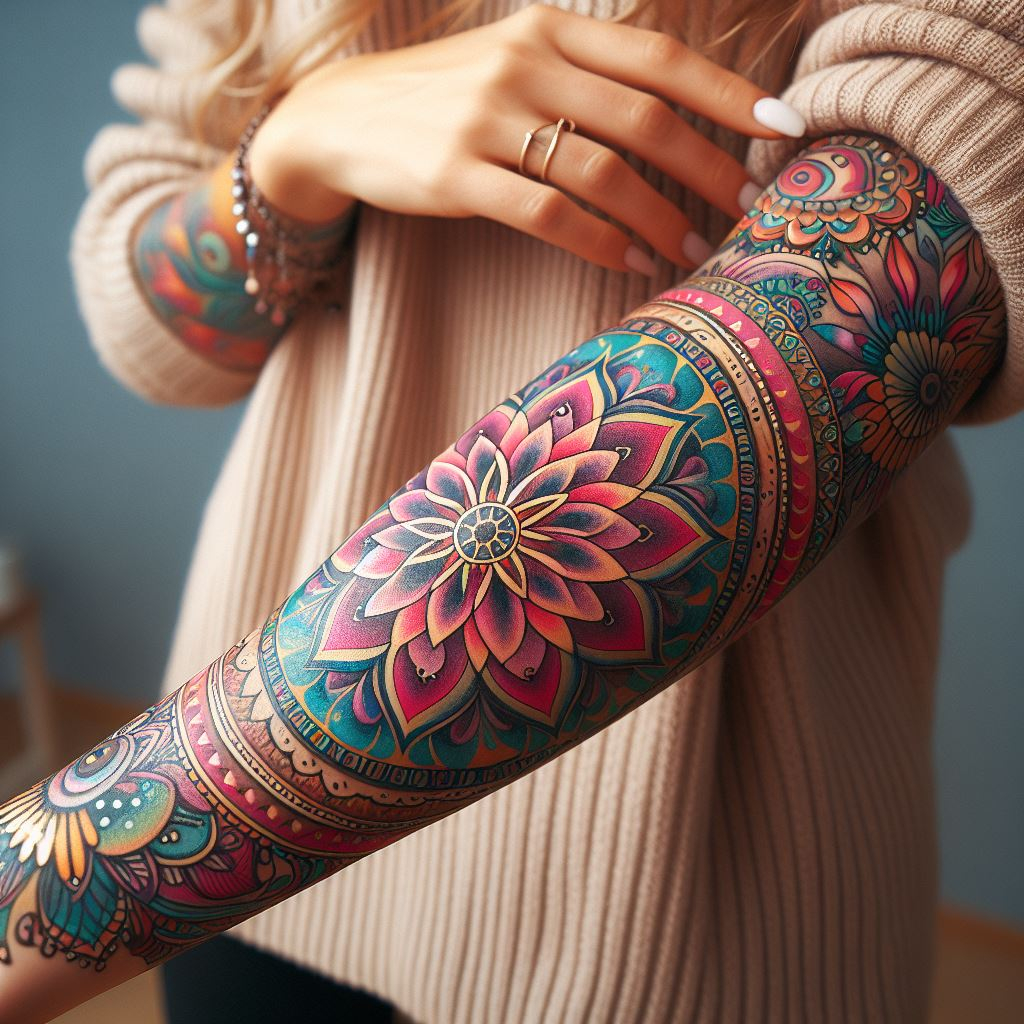Mandala art tattoos on the arms are a beautiful way to express your love for intricate designs and deep meanings. Each tattoo is a unique representation of the universe's harmony.