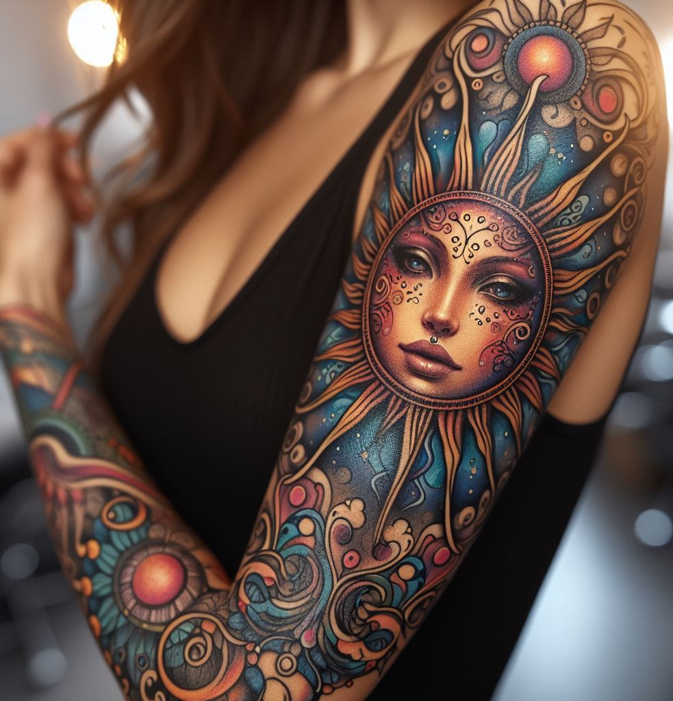 Illuminate your arm with the radiant beauty of sun facet tattoos. These designs capture the essence of sunlight, symbolizing warmth, energy, and positivity.