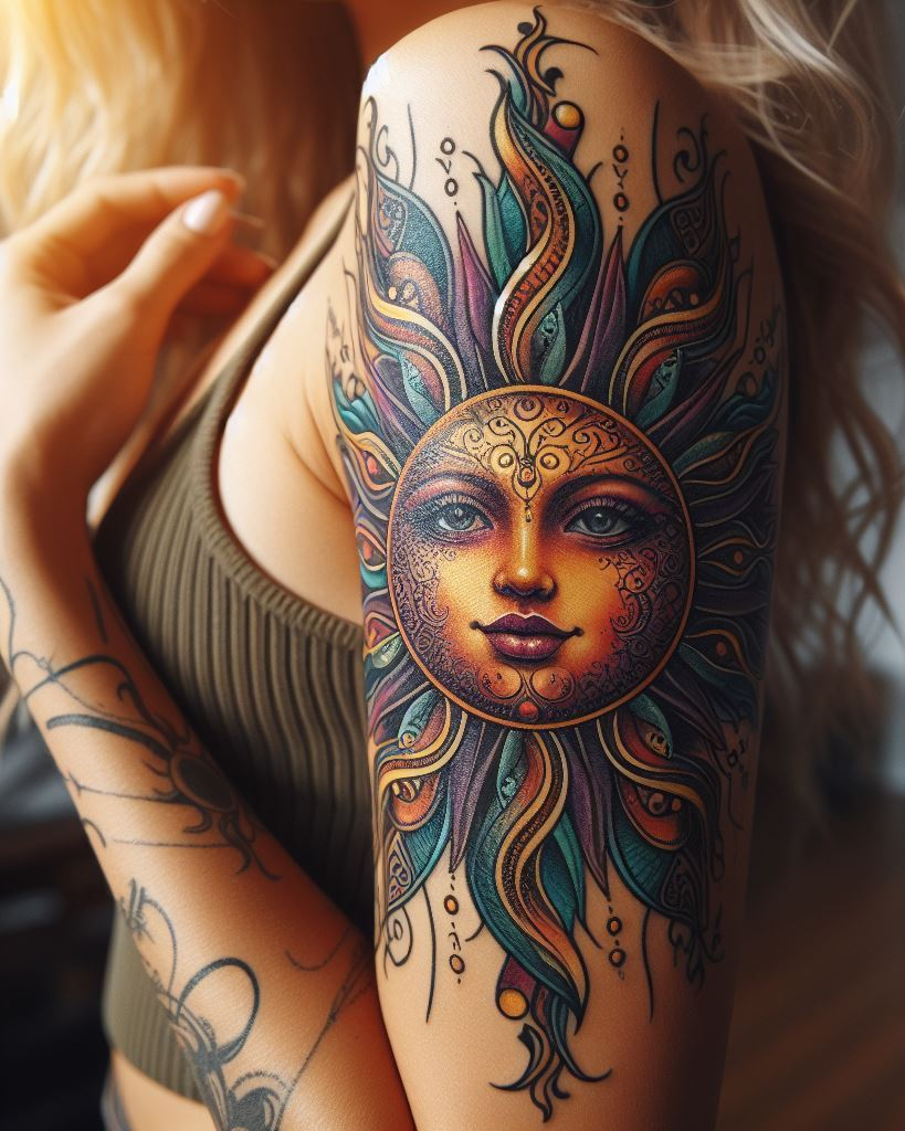 Embrace the vibrant energy of the sun with facet tattoos on your arms. Each design reflects the sun's brilliance and brings a touch of brightness to your skin.