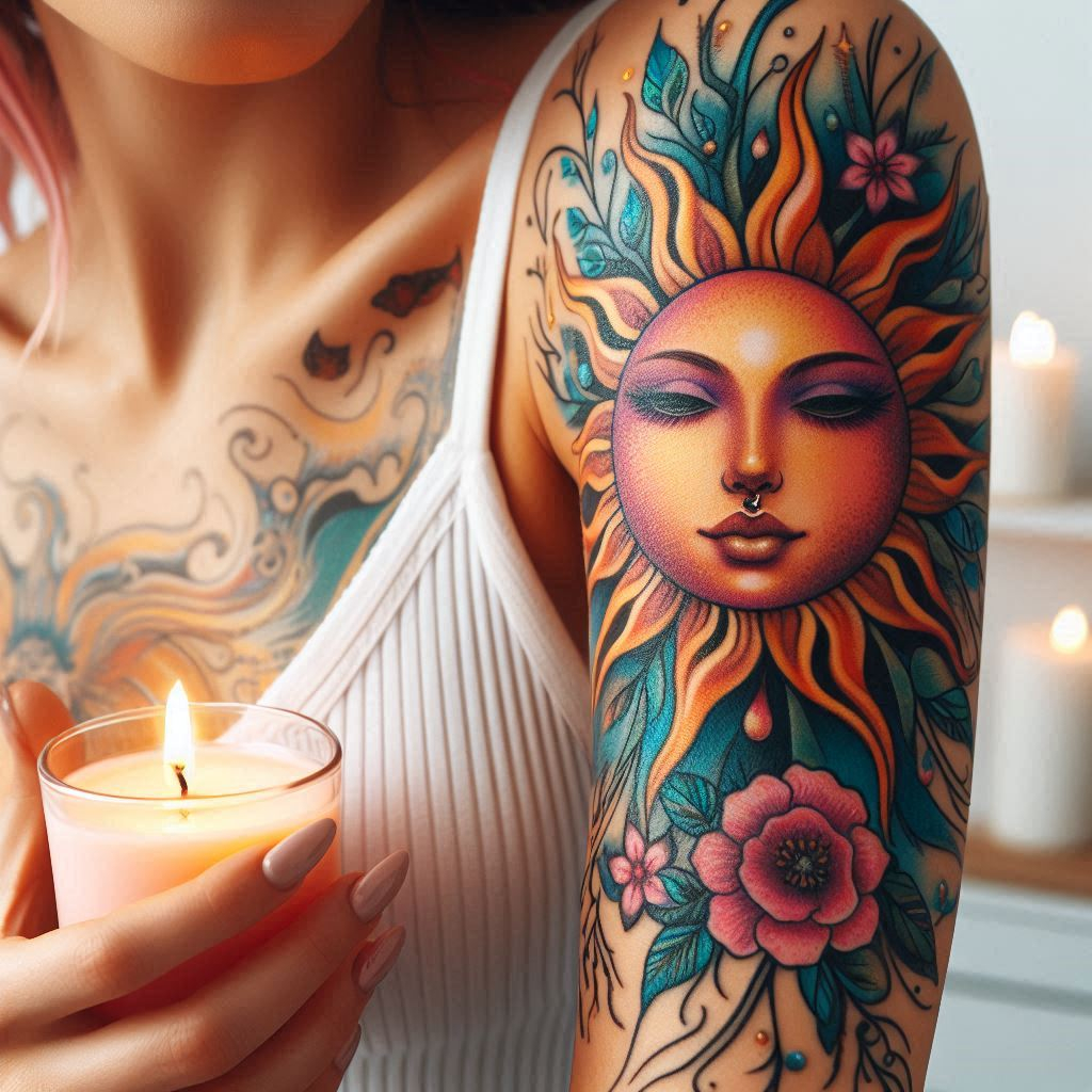 Sun facet tattoos on the arms are a stunning way to symbolize vitality and strength. These intricate designs shine with the beauty of the sun's rays.