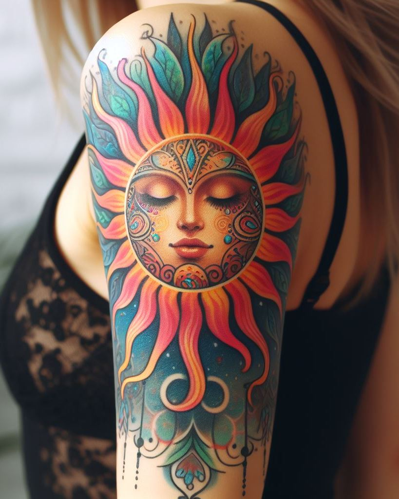 Sun facet tattoos on the arms offer a unique blend of geometric beauty and radiant symbolism. Ideal for those who seek to embody the sun's positive energy.