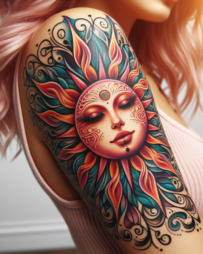 Shine brightly with sun facet tattoos on your arms. These intricate designs capture the essence of sunlight and its life-giving energy.
