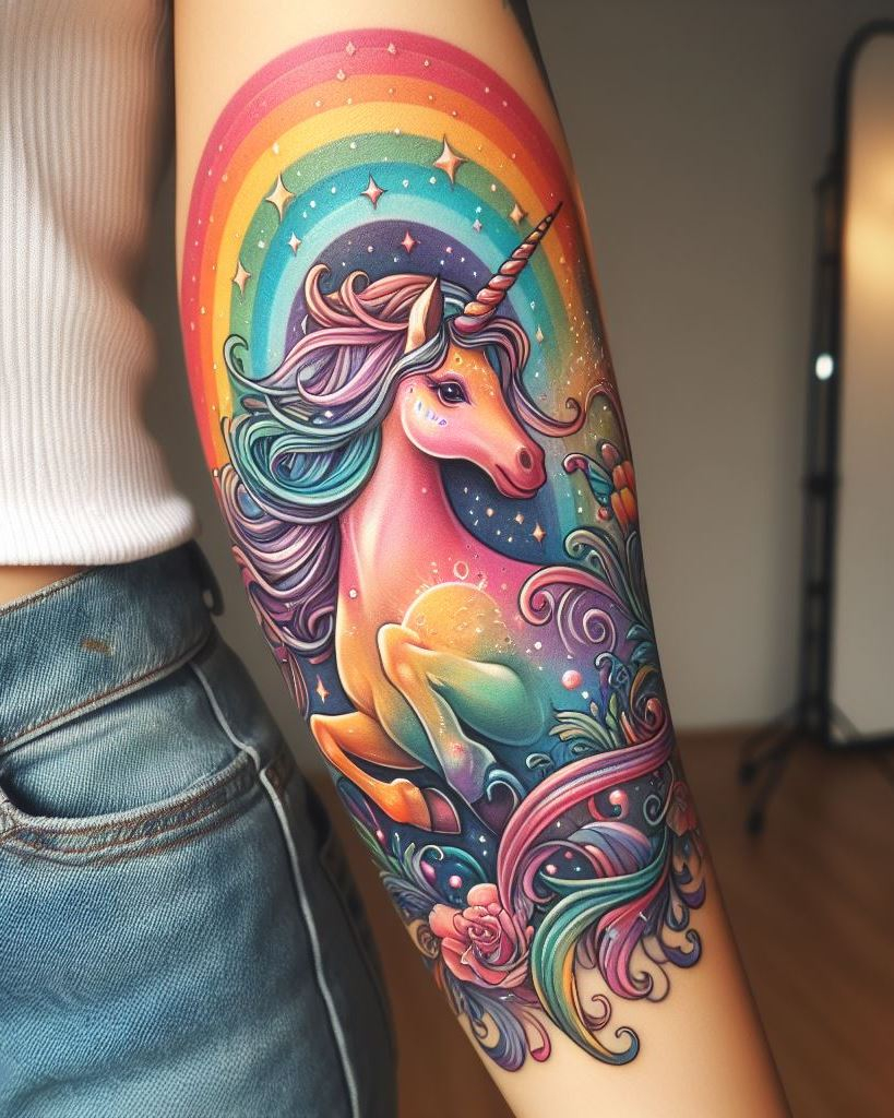 Showcase your whimsical side with a unicorn tattoo on your arm. These enchanting designs are perfect for those who believe in the magic of dreams and fantasy.
