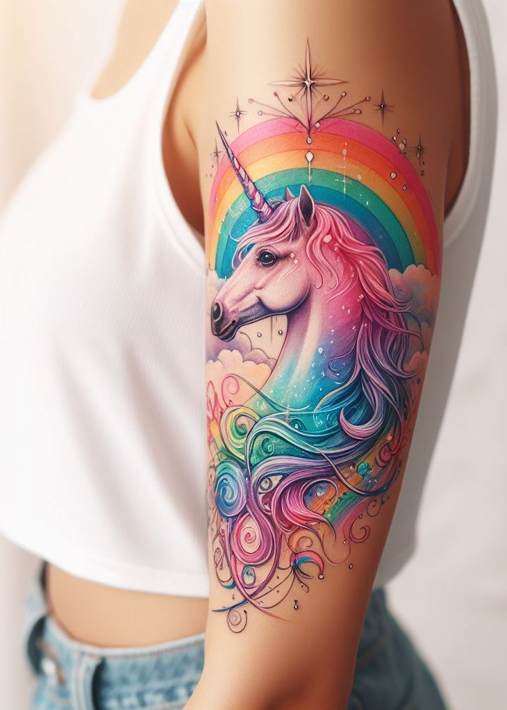 Transform your arm into a canvas of magic with a unicorn tattoo. These designs capture the beauty and elegance of this mythical creature, symbolizing hope and enchantment.