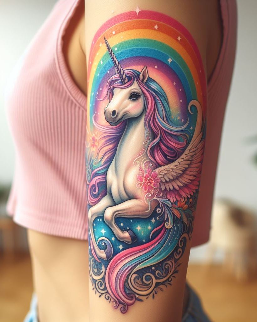Unicorn tattoos on the arms offer a beautiful blend of fantasy and elegance. Perfect for those who dream big and believe in the extraordinary.