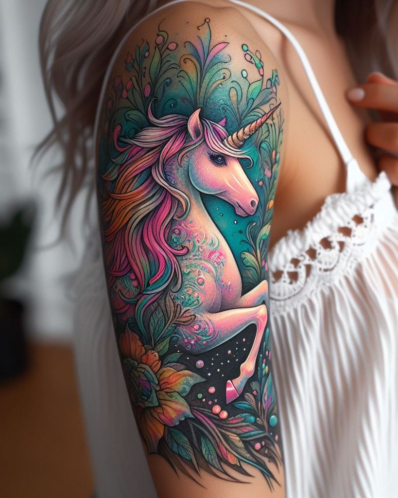 Carry a piece of fantasy with you with a unicorn tattoo on your arm. These magical designs are perfect for those who cherish the beauty and mystery of mythical creatures.