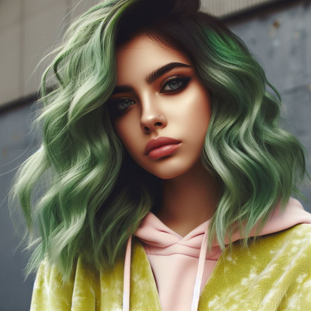 Rainbow Roots: Add a playful twist to your green hair with vibrant rainbow roots peeking through, showcasing your creativity and individuality.