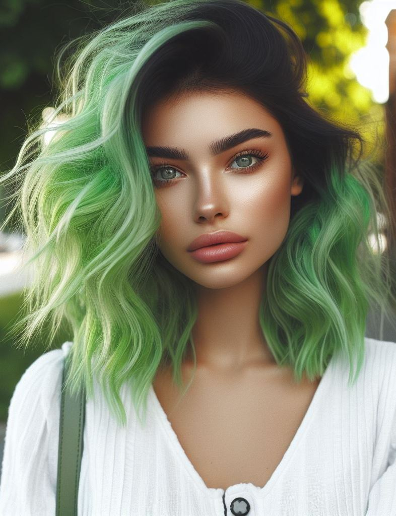 Ombre Enchantment: Create a mesmerizing effect with an ombre green hair color, transitioning from a darker shade at the roots to a lighter hue at the ends.