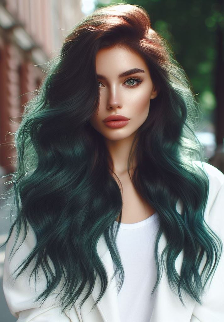 Grunge Green: Add a touch of edge to your green hair with a darker, almost mossy green base with subtle streaks of black or charcoal grey. Perfect for those who want a bold and grungy look.