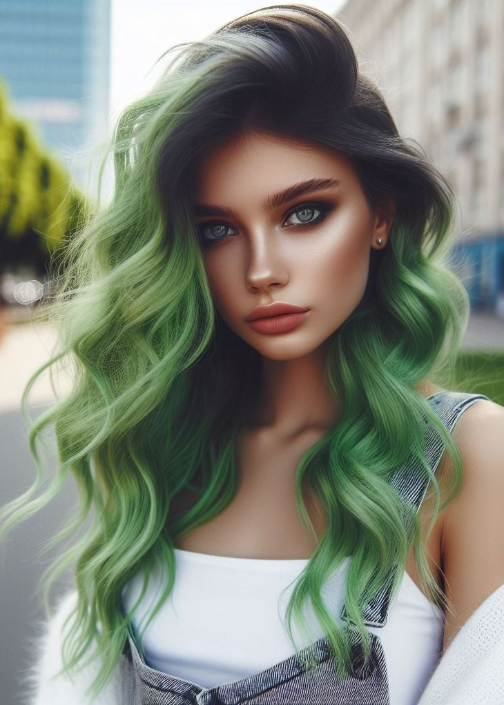 Jade Jungle: Channel the lushness of a rainforest with a vibrant jade green hair color. Perfect for olive skin tones and those who want a bold and earthy statement.