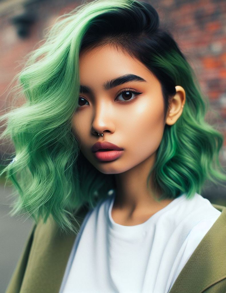 Mermaid Scales: Channel the mythical beauty of a mermaid with an iridescent green hair color that shimmers with different hues of green and teal. Perfect for those who love eye-catching and whimsical hair.