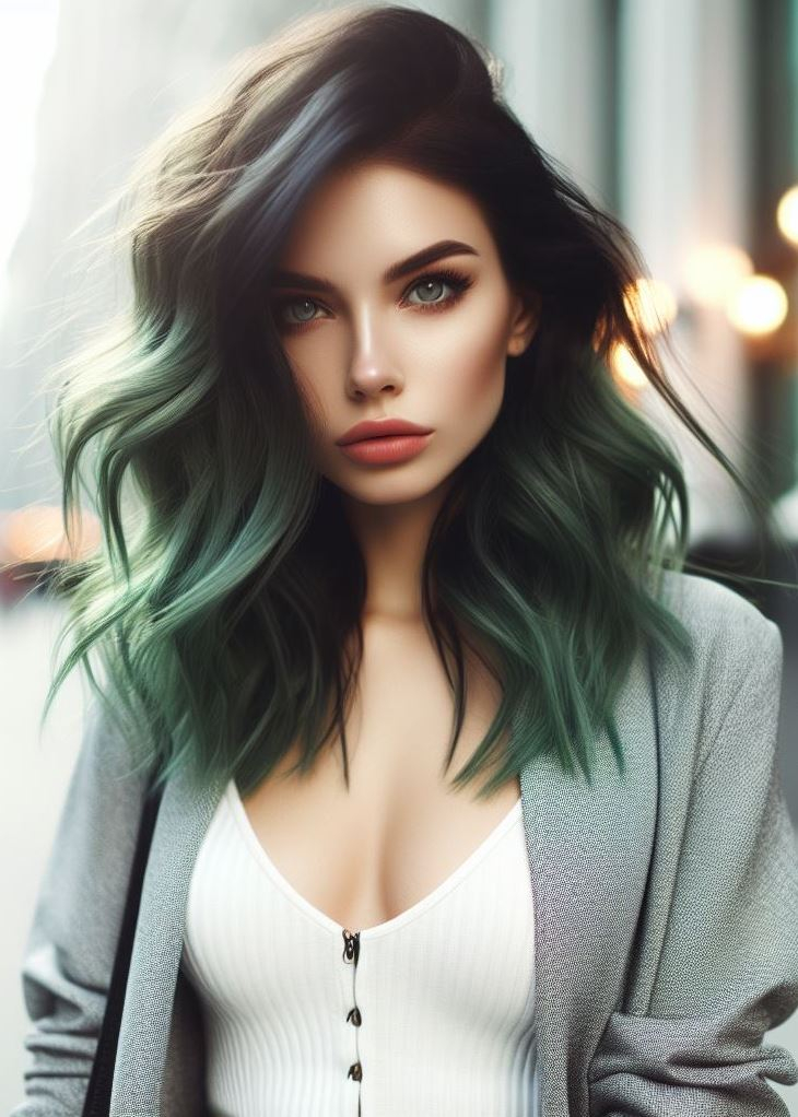 Galactic Glow: Embrace the mystery of the cosmos with a deep black hair color infused with vibrant green highlights that glow subtly under different lighting conditions. This is a perfect choice for those who want a unique and otherworldly look with a touch of intrigue.