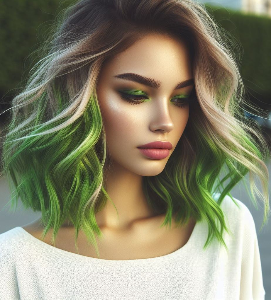 Neon Nirvana Ombre: Experiment with a bold and dramatic ombre hair color that transitions from vibrant neon green at the roots to a soft pastel green at the tips. Ideal for those who love statement hairstyles and a touch of artistic flair.
