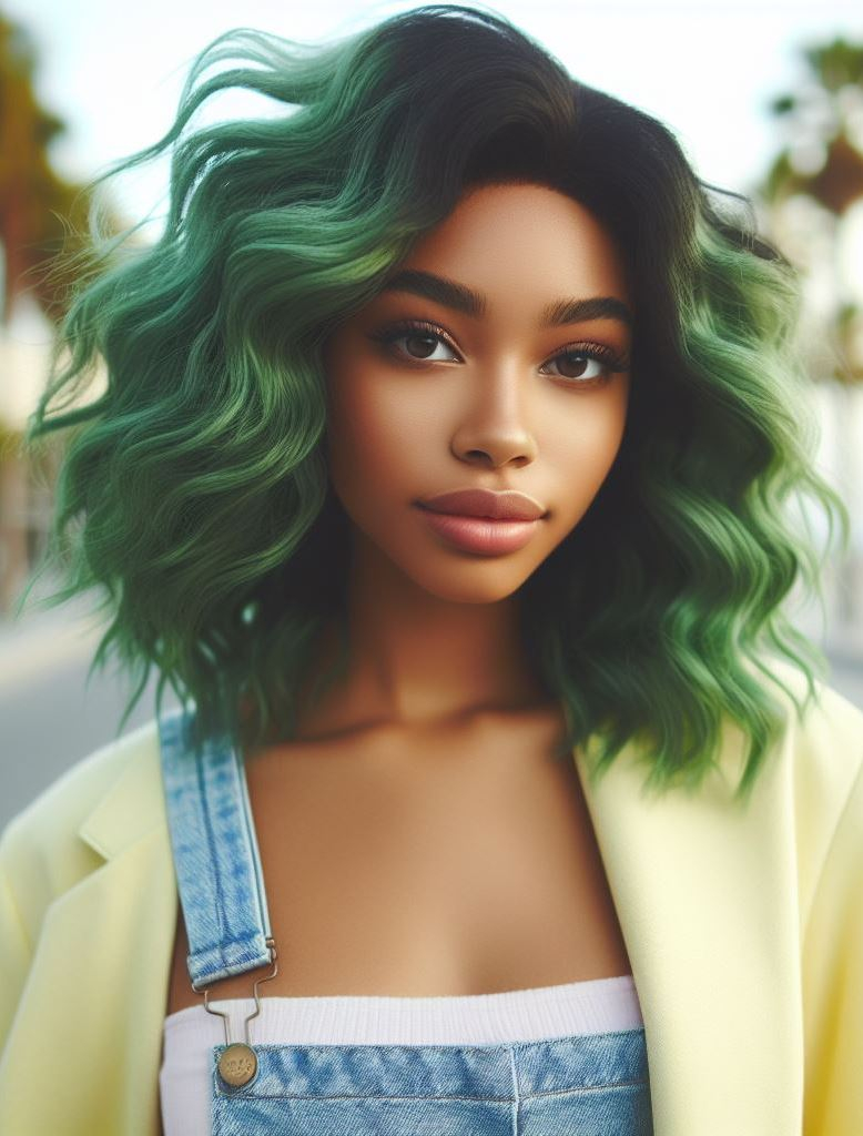 Green Goddess Glow: Elevate your green hair to a celestial level with a warm, golden green base infused with subtle streaks of iridescent green highlights. This radiant combination creates a mesmerizing glow, perfect for those who want a touch of otherworldly beauty.