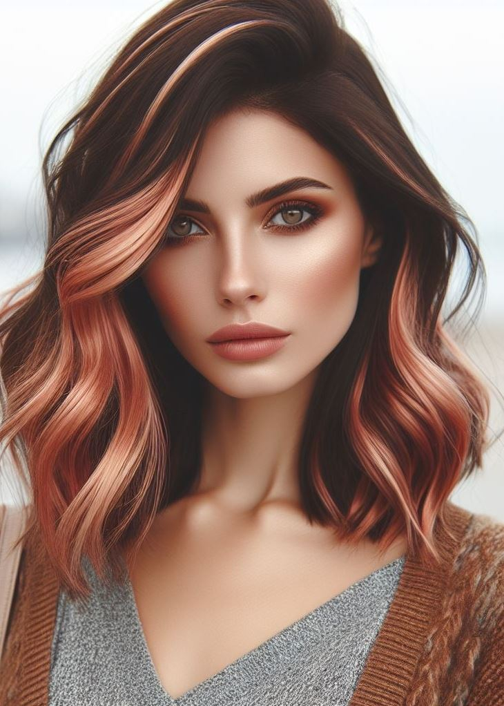 Hair Color Trends: Brassy Brunettes Beware! Cool Tones are Here | Pocoko Caramel Highlights on Rose Gold Hair: Dusty shades blend beautifully with brown hair, creating a darker rose gold look. Ask your stylist for lighter rosy tones around your face and caramel and honey tones throughout.