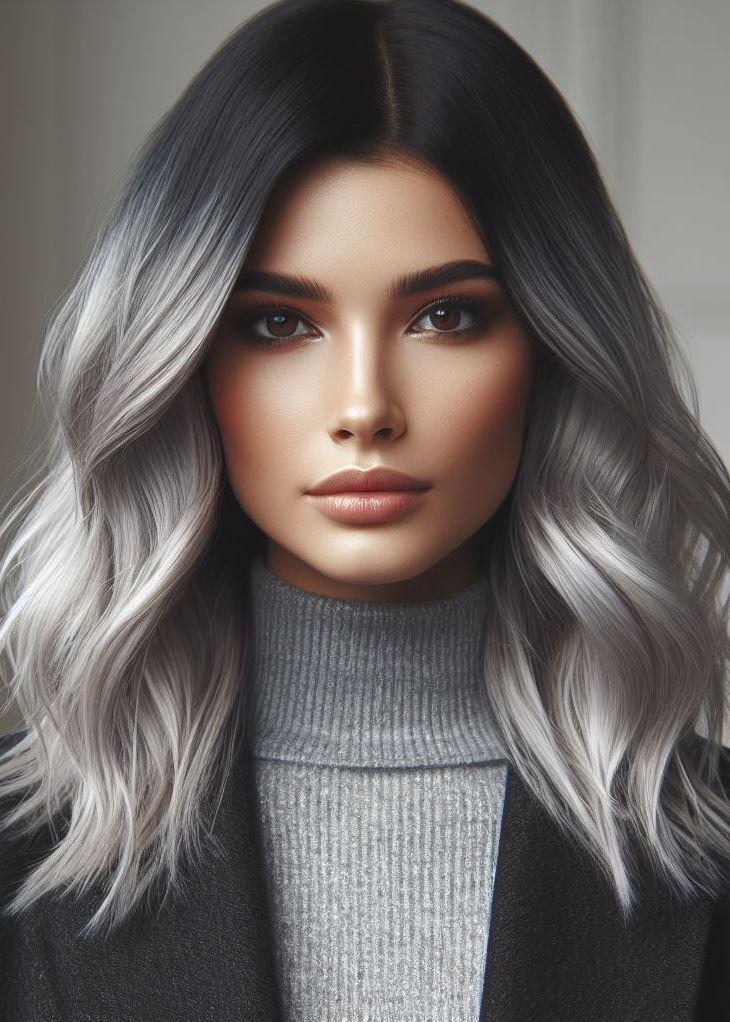 Hair Color Trends: Brassy Brunettes Beware! Cool Tones are Here | Pocoko Sleek Steel Symphony: Channel your inner silver siren. These glossy strands blend seamlessly from ash to silver, like a harmonious melody played on a steel guitar.