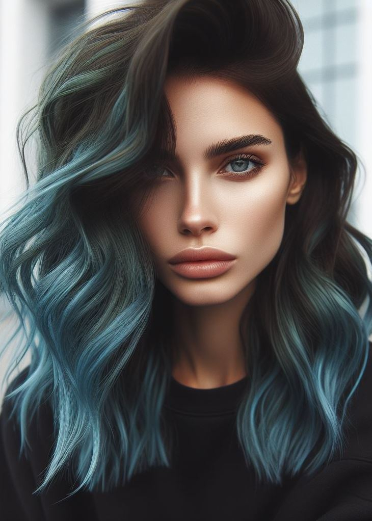 Hair Color Trends: Brassy Brunettes Beware! Cool Tones are Here | Pocoko “Seaglass Serenade”: Picture your hair catching sunlight as you stroll along the shore. The blend of blue and green creates a mesmerizing seaglass effect. It’s like bottling up ocean magic and wearing it as your crown.