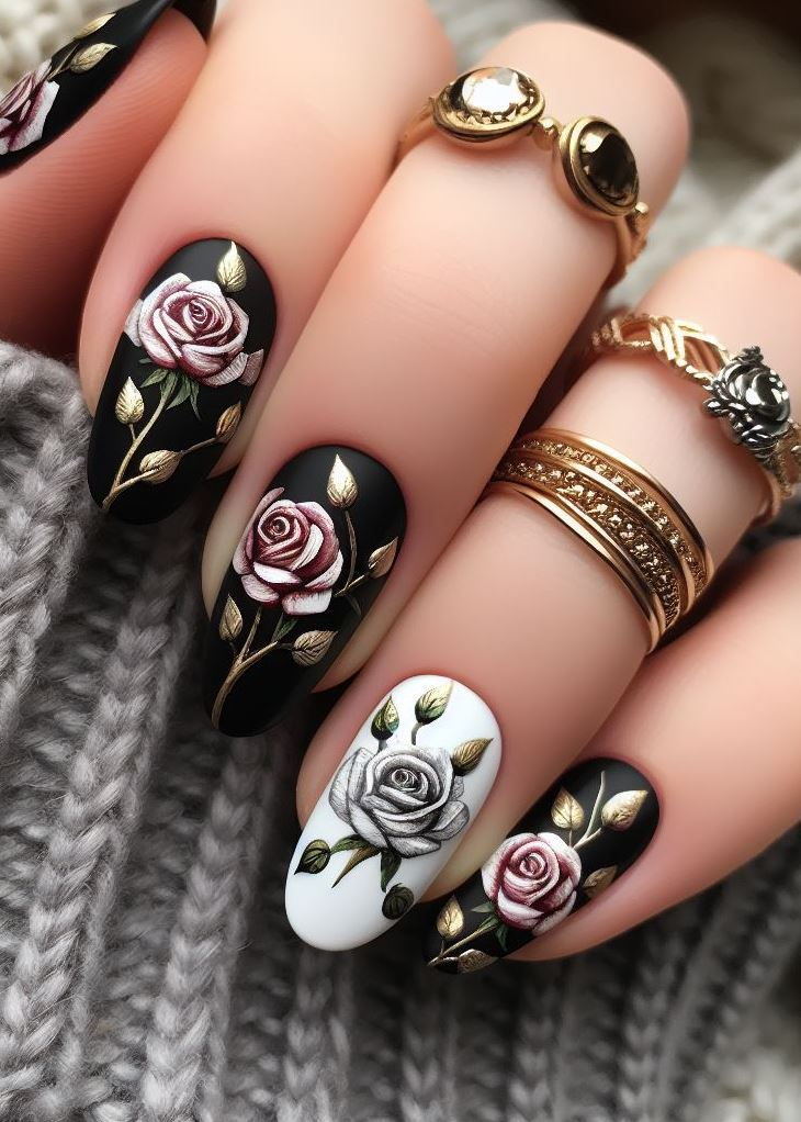 Skip the Boring! Stunning Rose Nail Art Ideas | Pocoko Burgundy Bloom Elegance: Dive into romance with nails enveloped in rich burgundy hues, each a canvas for delicate rose artistry. Some nails flaunt French tips accented by golden studs, while others feature diagonal sweeps lined with gold flecks. A touch of opulence that’s sure to turn heads!