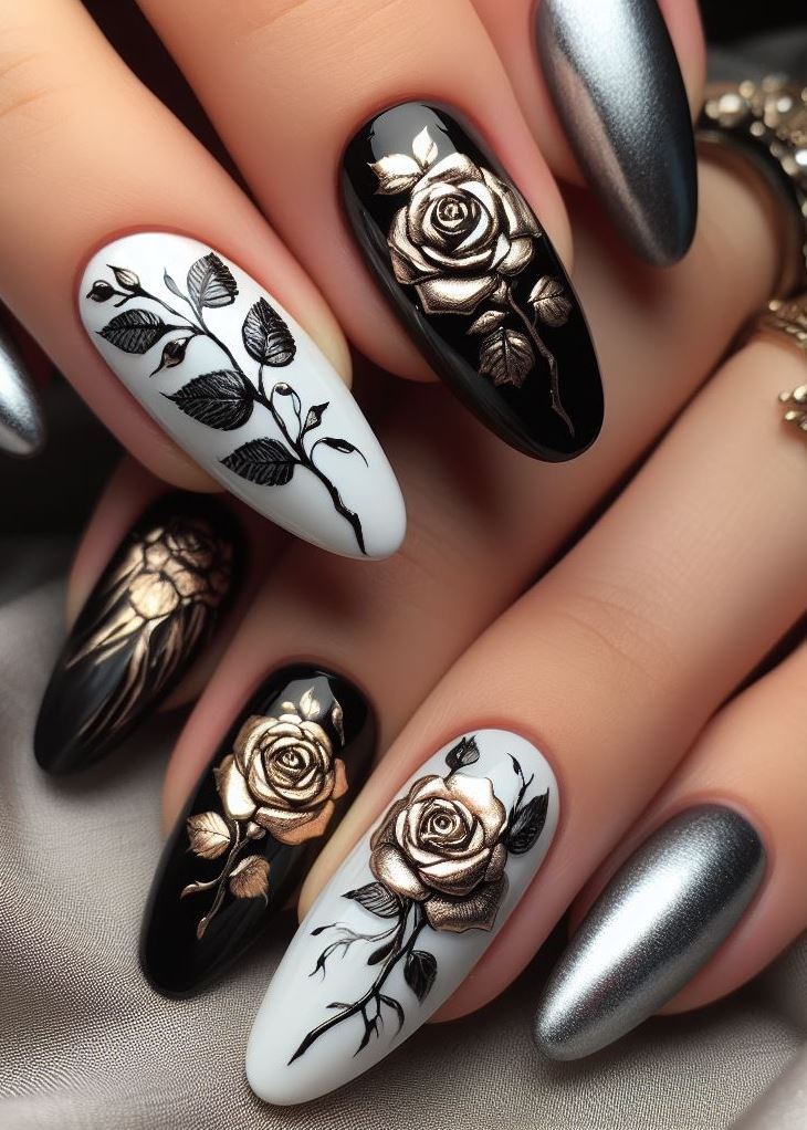 Skip the Boring! Stunning Rose Nail Art Ideas | Pocoko Strawberry Rose Whimsy: Playful yet poised, one hand flaunts alternating black and nude nails, some speckled with white polka dots. The other hand showcases pink and red rose masterpieces, with sliced strawberry impressions peeking through. A whimsical look that’s berry delightful!