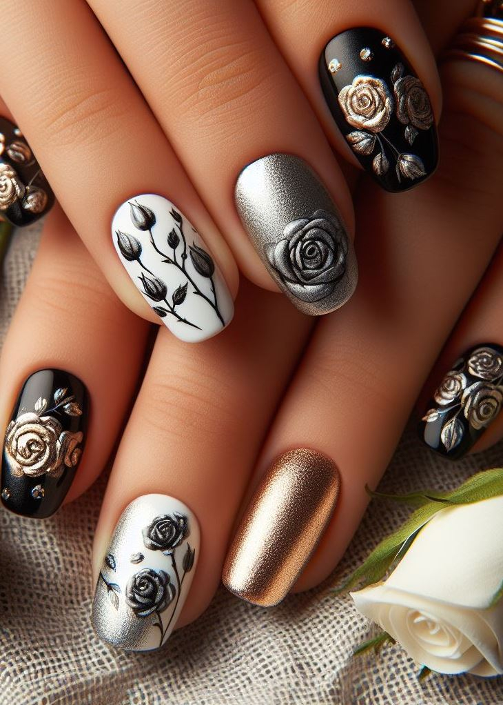 Skip the Boring! Stunning Rose Nail Art Ideas | Pocoko Stained Glass Petals: Step into a world of floral fantasy with nails that mimic the timeless beauty of stained glass. Red roses outlined in stark black polish create an elegant and striking design.