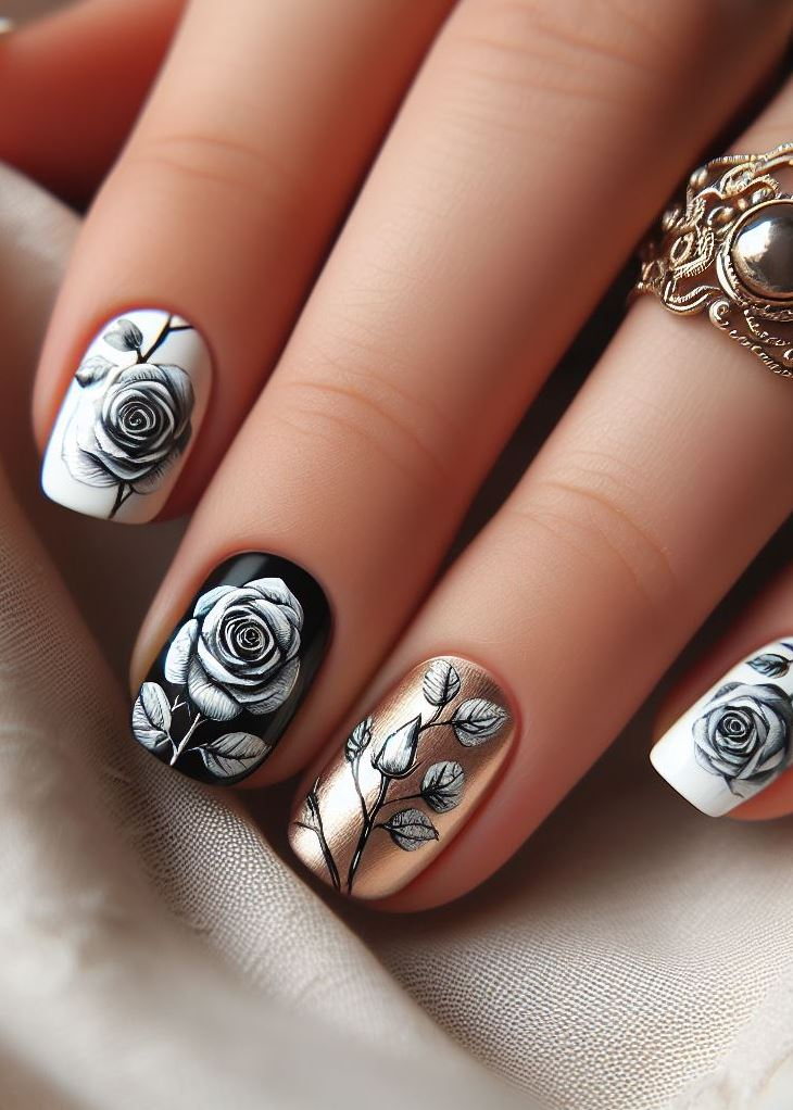 Skip the Boring! Stunning Rose Nail Art Ideas | Pocoko Desert Rose Glamor: Stiletto nails glisten with a glittery brown base, crowned by translucent white roses—a desert chic look. Rhinestones add a touch of luxury, while V-shaped French tips make a statement. Glamour in the sand!