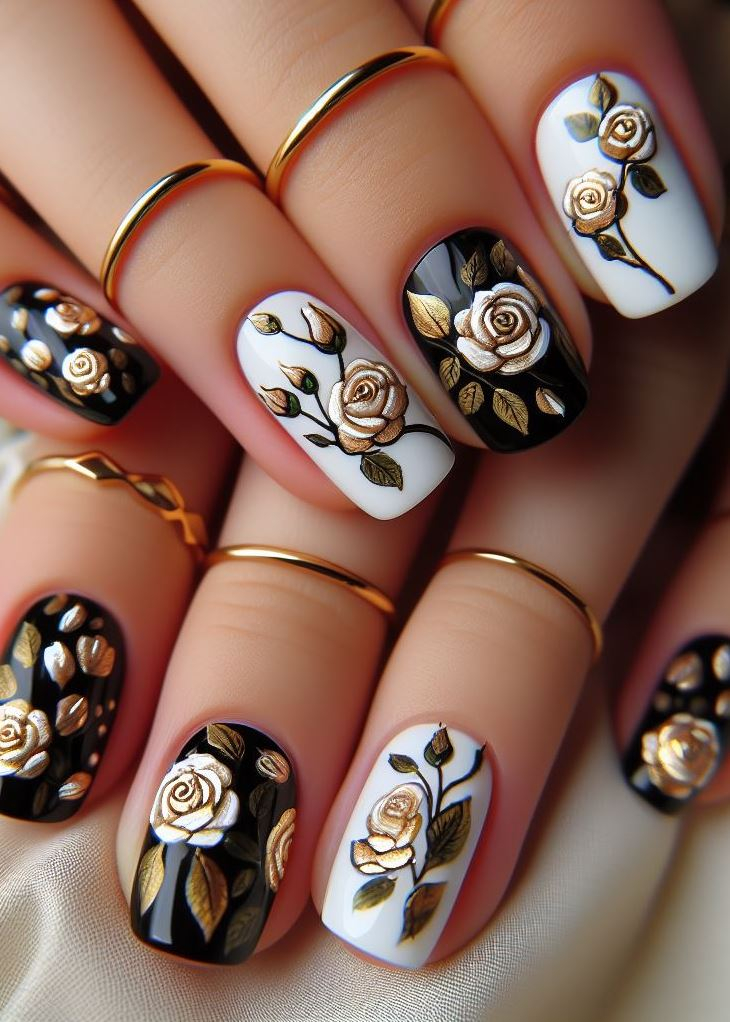 Skip the Boring! Stunning Rose Nail Art Ideas | Pocoko Noir Rose Mystique: Embrace the allure of the night with glossy black nails, each boasting a matte black 3D rose. Accent nails catch the light, revealing an iridescent chrome dance of colors. Mysterious and captivating!