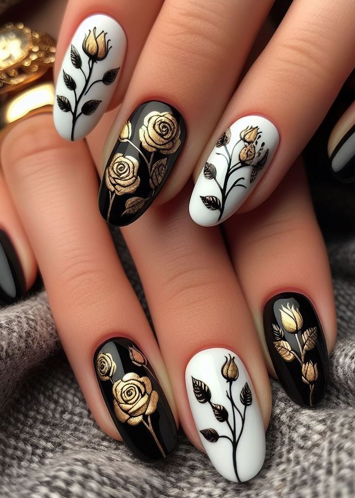 Skip the Boring! Stunning Rose Nail Art Ideas | Pocoko Eclectic Desert Matte: Matte nude nails serve as a canvas for an eclectic mix of cactus and sugar skull art. A bouquet of multicolored roses—red, purple, black, and green—adds vibrant contrast. Subtle gloss finish on select nails gleams amidst the matte desert landscape.