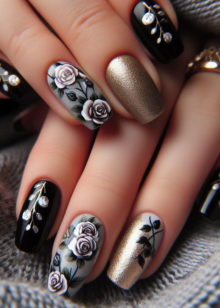 Skip the Boring! Stunning Rose Nail Art Ideas | Pocoko Vintage Pink Blossoms: Long coffin nails bathed in matte light pink, with sparkling rhinestones gracing the cuticles. Accent nails reveal a nostalgic pattern of pink roses in glossy finish, inviting old-world charm. Vintage vibes, modern twist!